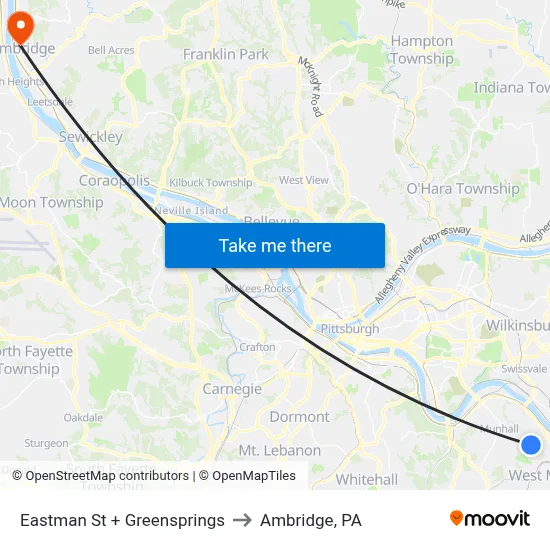 Eastman St + Greensprings to Ambridge, PA map
