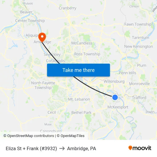 Eliza St + Frank (#3932) to Ambridge, PA map