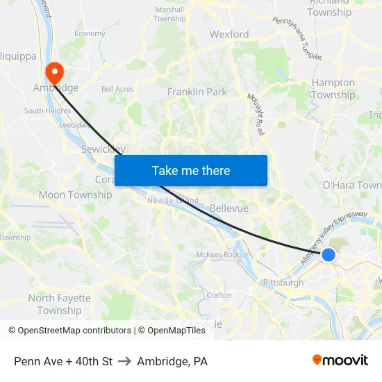 Penn Ave + 40th St to Ambridge, PA map