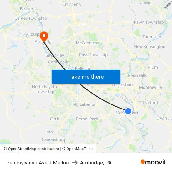 Pennsylvania Ave + Mellon to Ambridge, PA map