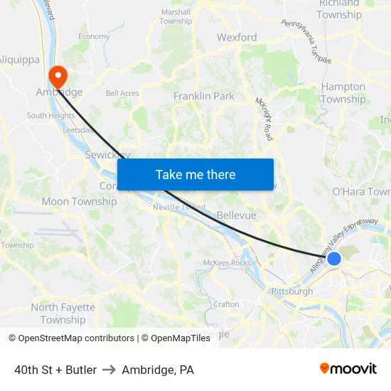 40th St + Butler to Ambridge, PA map