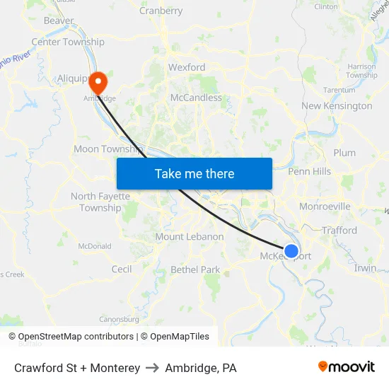 Crawford St + Monterey to Ambridge, PA map