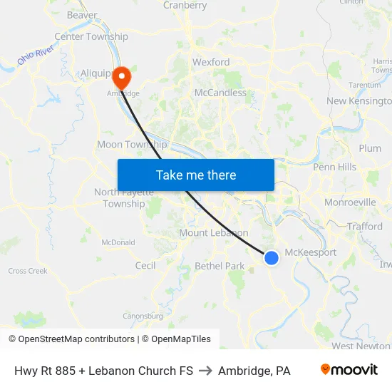 Hwy Rt 885 + Lebanon Church FS to Ambridge, PA map
