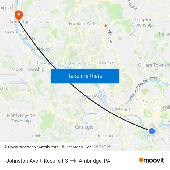 Johnston Ave + Roselle FS to Ambridge, PA map