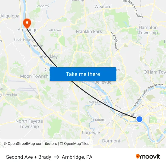Second Ave + Brady to Ambridge, PA map