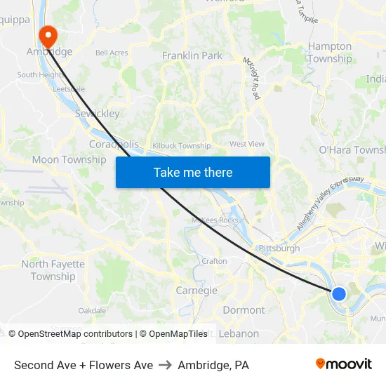 Second Ave + Flowers Ave to Ambridge, PA map