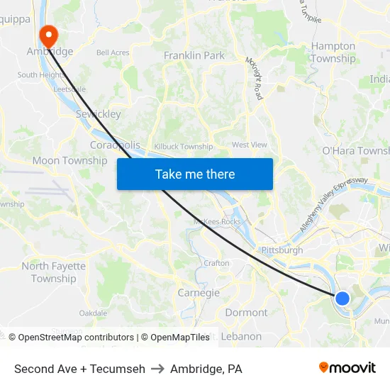 Second Ave + Tecumseh to Ambridge, PA map