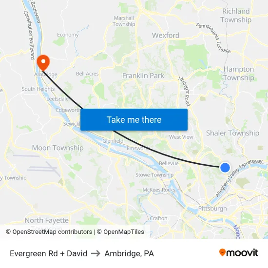 Evergreen Rd + David to Ambridge, PA map