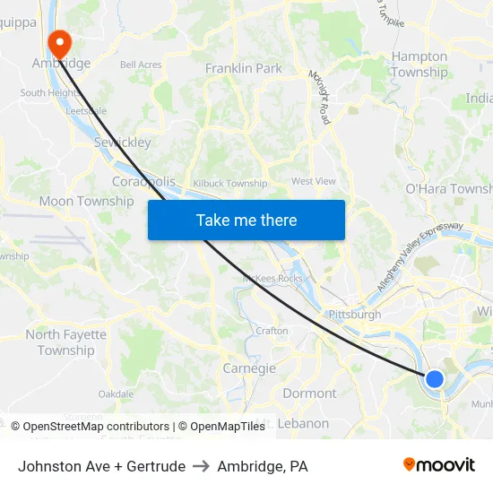 Johnston Ave + Gertrude to Ambridge, PA map