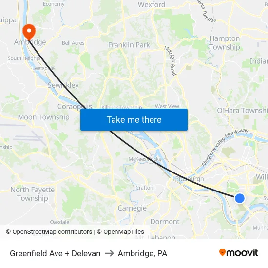 Greenfield Ave + Delevan to Ambridge, PA map