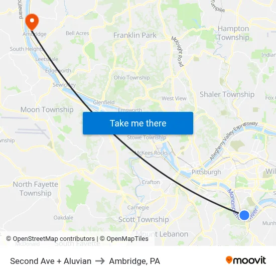 Second Ave + Aluvian to Ambridge, PA map