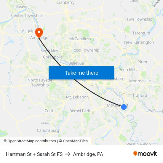 Hartman St + Sarah St FS to Ambridge, PA map