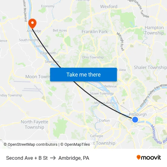 Second Ave + B St to Ambridge, PA map