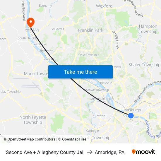 Second Ave + Allegheny County Jail to Ambridge, PA map