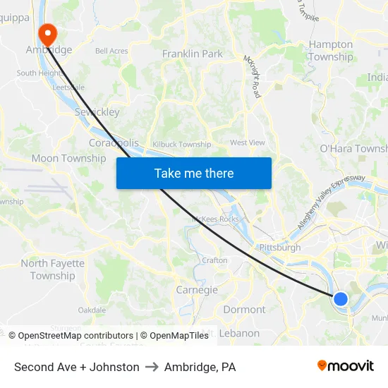 Second Ave + Johnston to Ambridge, PA map