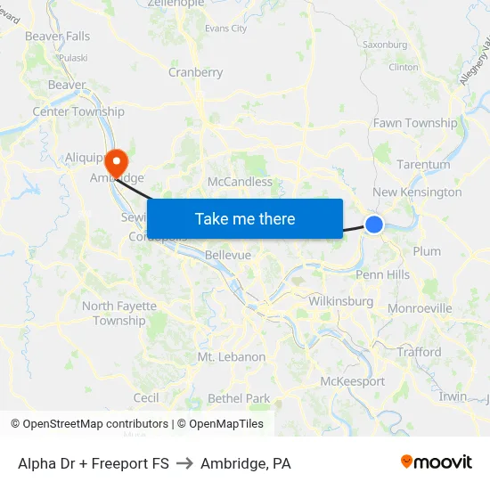 Alpha Dr + Freeport FS to Ambridge, PA map