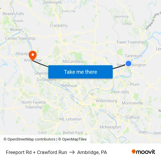Freeport Rd + Crawford Run to Ambridge, PA map