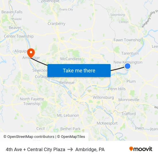 4th Ave + Central City Plaza to Ambridge, PA map