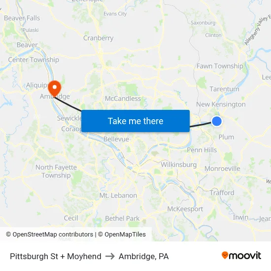 Pittsburgh St + Moyhend to Ambridge, PA map