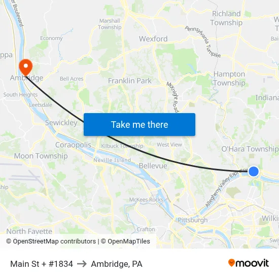 Main St + #1834 to Ambridge, PA map