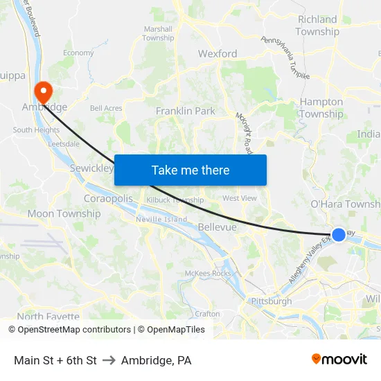 Main St + 6th St to Ambridge, PA map