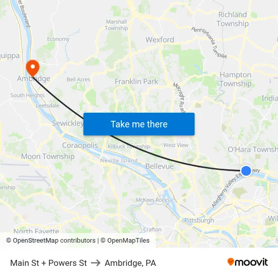 Main St + Powers St to Ambridge, PA map