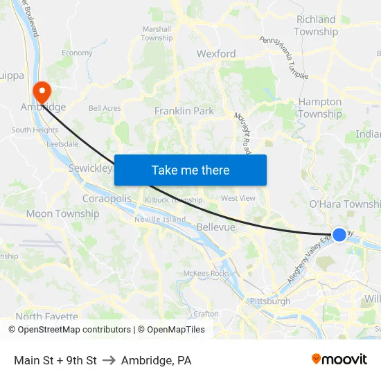 Main St + 9th St to Ambridge, PA map