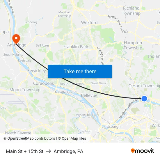 Main St + 15th St to Ambridge, PA map