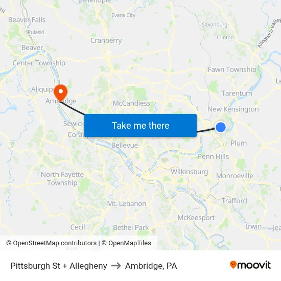 Pittsburgh St + Allegheny to Ambridge, PA map