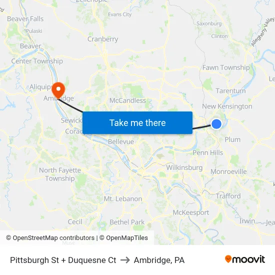 Pittsburgh St + Duquesne Ct to Ambridge, PA map