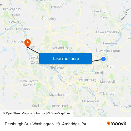 Pittsburgh St + Washington to Ambridge, PA map