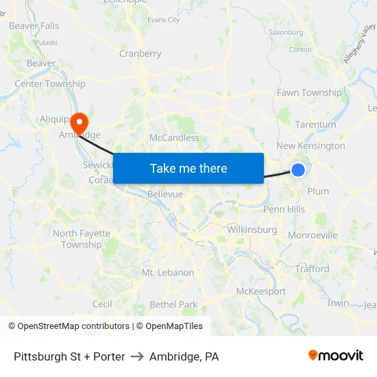 Pittsburgh St + Porter to Ambridge, PA map