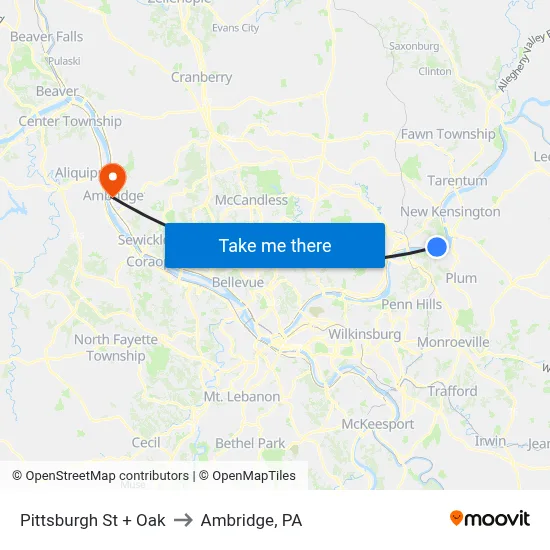 Pittsburgh St + Oak to Ambridge, PA map