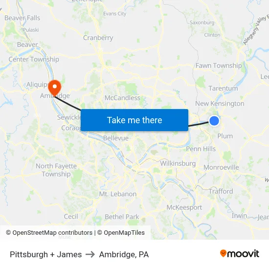 Pittsburgh + James to Ambridge, PA map