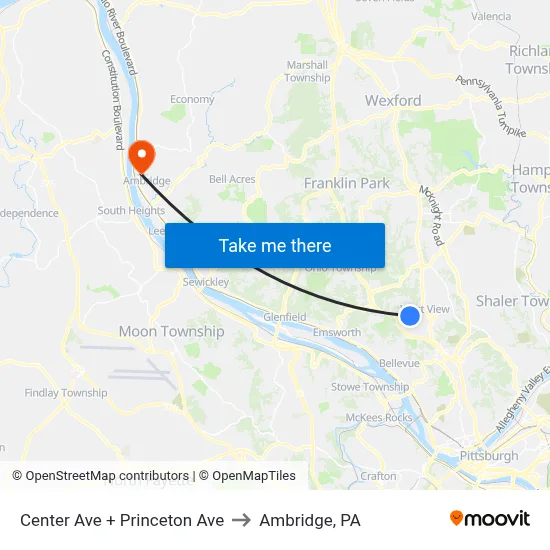 Center Ave + Princeton Ave to Ambridge, PA map