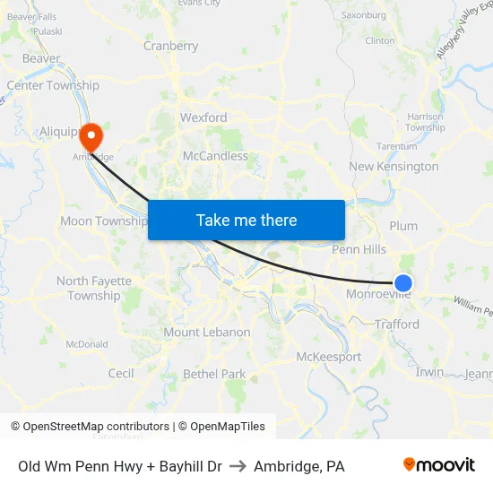 Old Wm Penn Hwy + Bayhill Dr to Ambridge, PA map