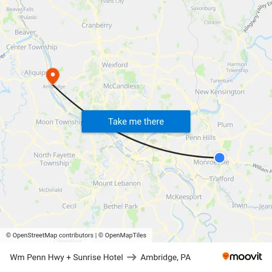 Wm Penn Hwy + Sunrise Hotel to Ambridge, PA map