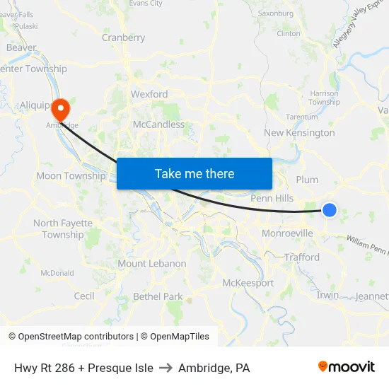 Hwy Rt 286 + Presque Isle to Ambridge, PA map