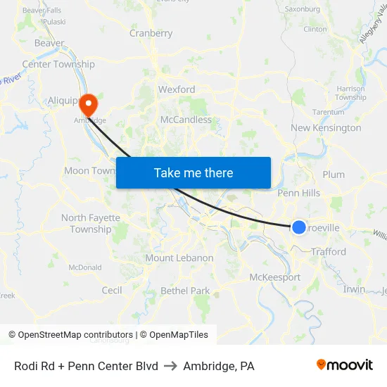 Rodi Rd + Penn Center Blvd to Ambridge, PA map