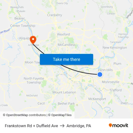 Frankstown Rd + Duffield Ave to Ambridge, PA map