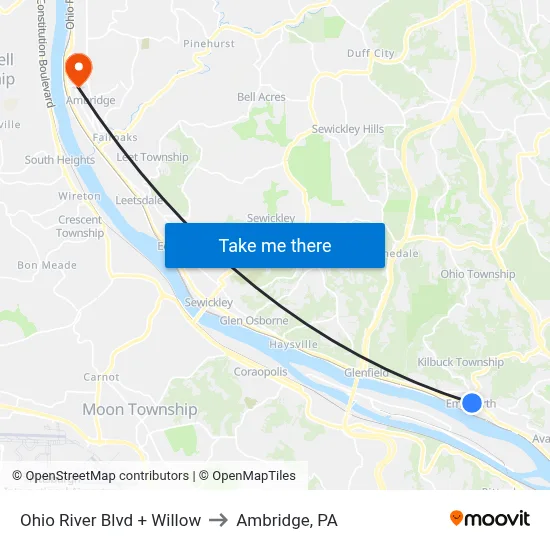 Ohio River Blvd + Willow to Ambridge, PA map