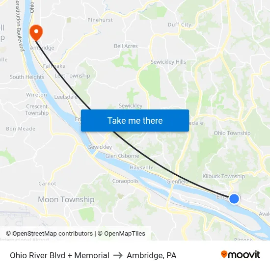 Ohio River Blvd + Memorial to Ambridge, PA map