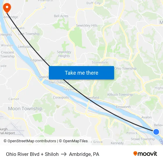 Ohio River Blvd + Shiloh to Ambridge, PA map