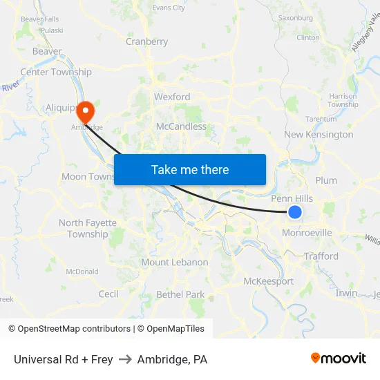 Universal Rd + Frey to Ambridge, PA map