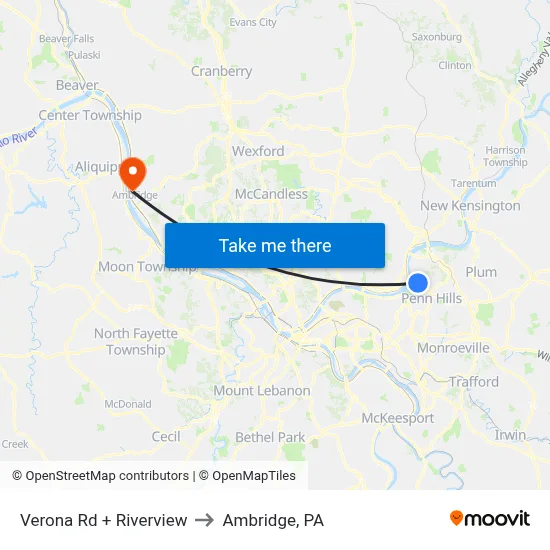Verona Rd + Riverview to Ambridge, PA map