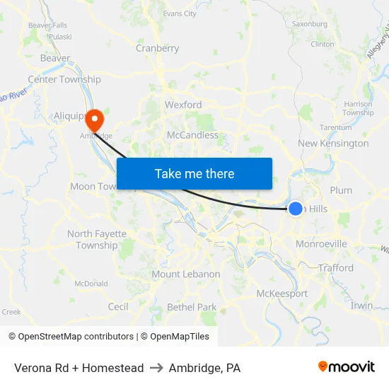 Verona Rd + Homestead to Ambridge, PA map
