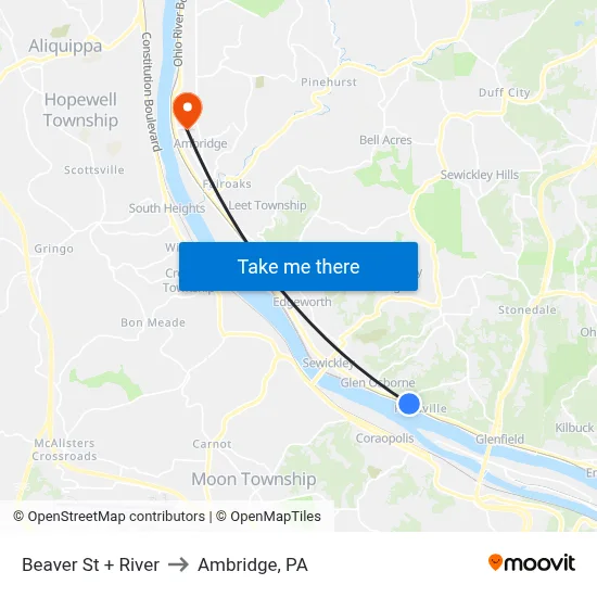 Beaver St + River to Ambridge, PA map
