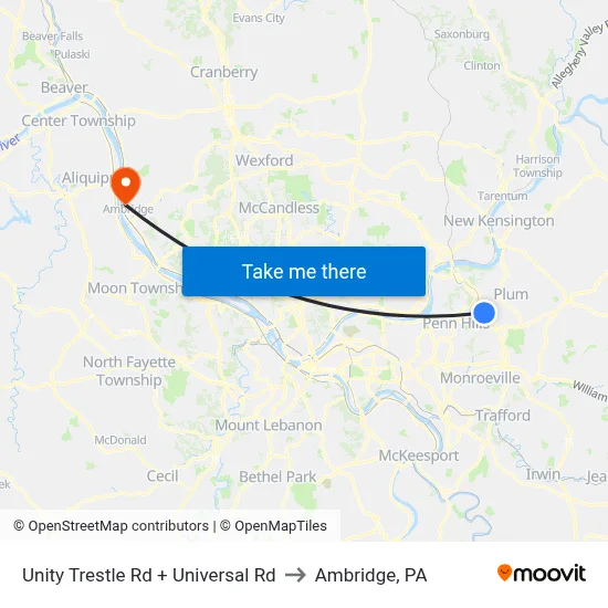 Unity Trestle Rd + Universal Rd to Ambridge, PA map