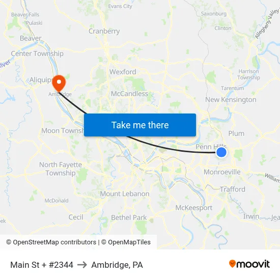 Main St + #2344 to Ambridge, PA map
