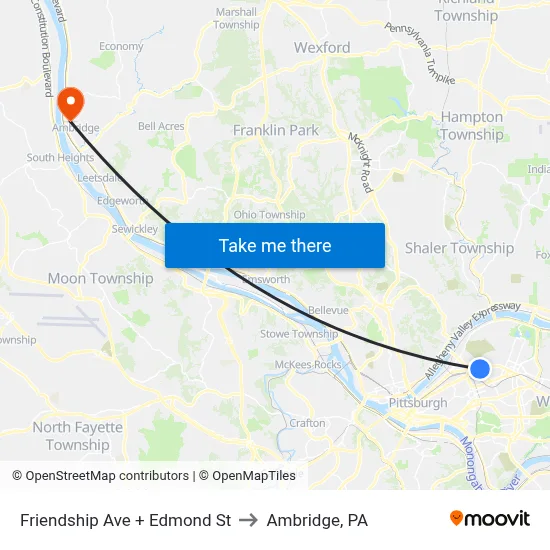 Friendship Ave + Edmond St to Ambridge, PA map